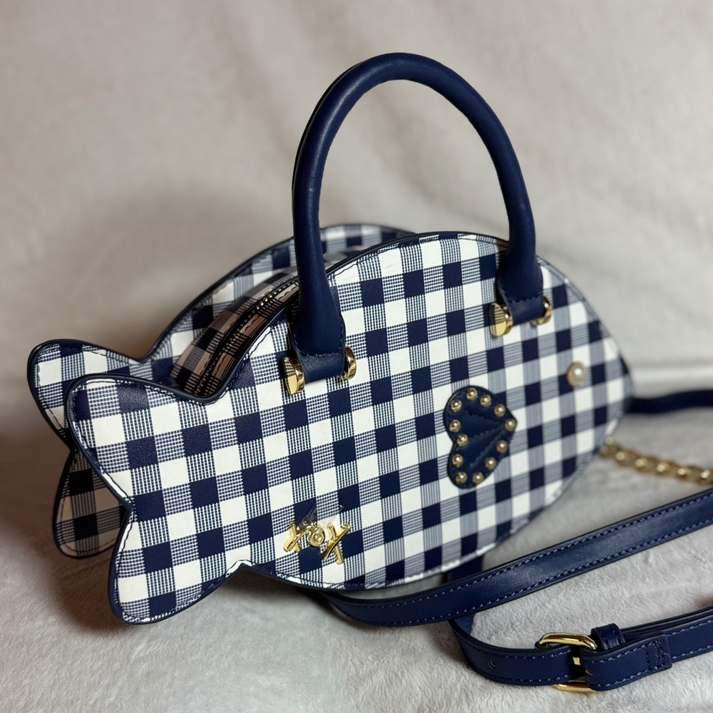 Betsey Johnson Crossbody Handbag Purse Fish Blue Gingham Nautical Beach Cruise - Picture 6 of 9